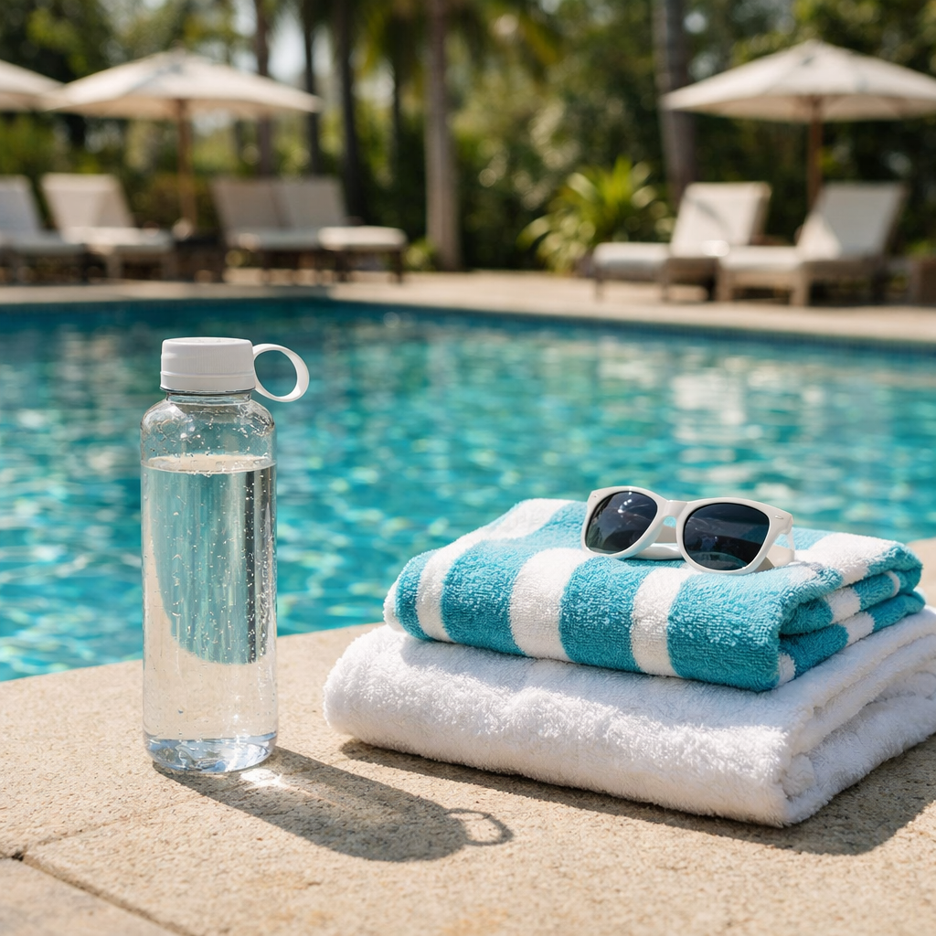 Bright pool deck with a water bottle, towels, and sunlight