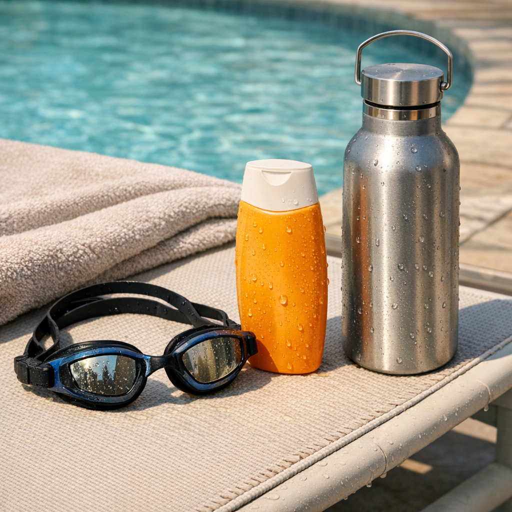 Swim goggles, sunscreen, and a reusable water bottle beside a pool chair