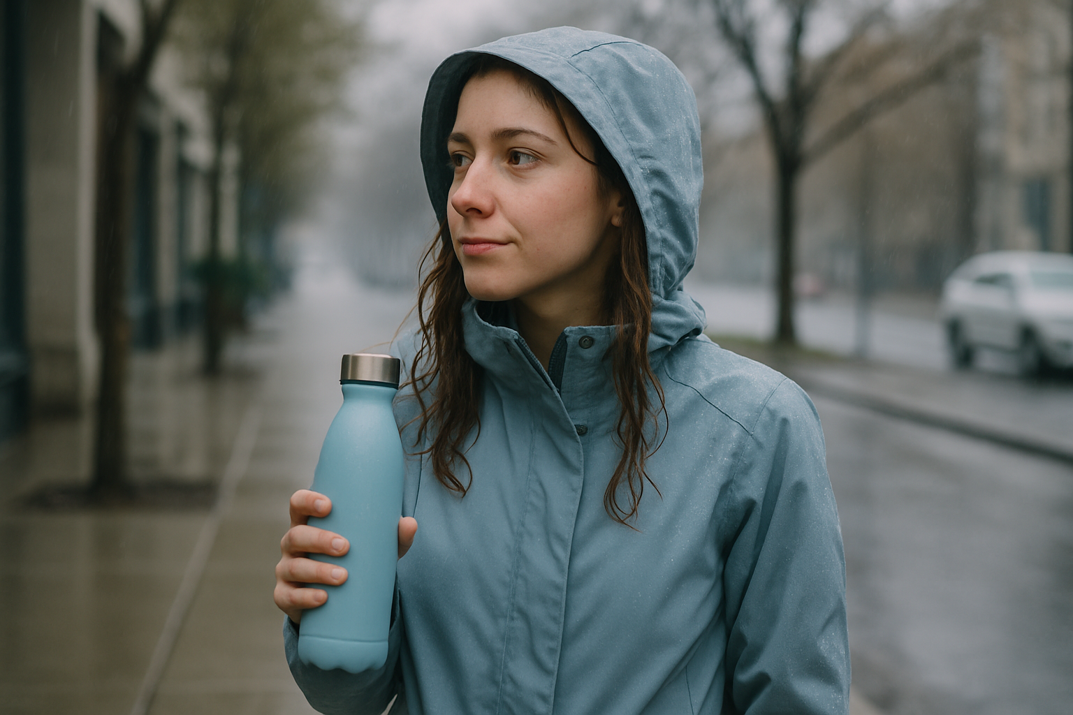 Person holding a reusable water bottle on a rainy spring sidewalk
