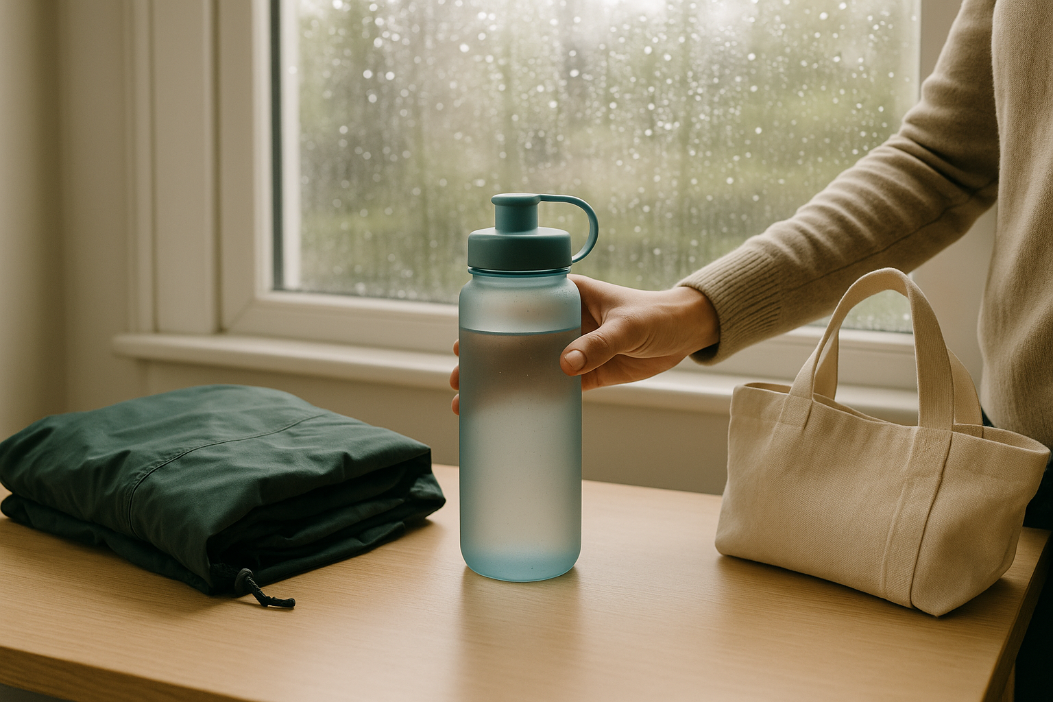 Desk by a rainy window with a reusable water bottle within reach