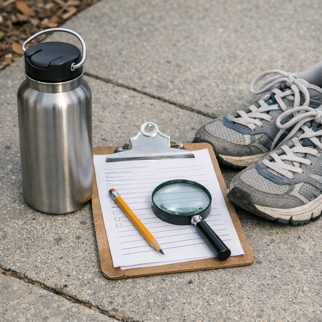 Reusable water bottle, field trip clipboard, and sneakers on a sidewalk
