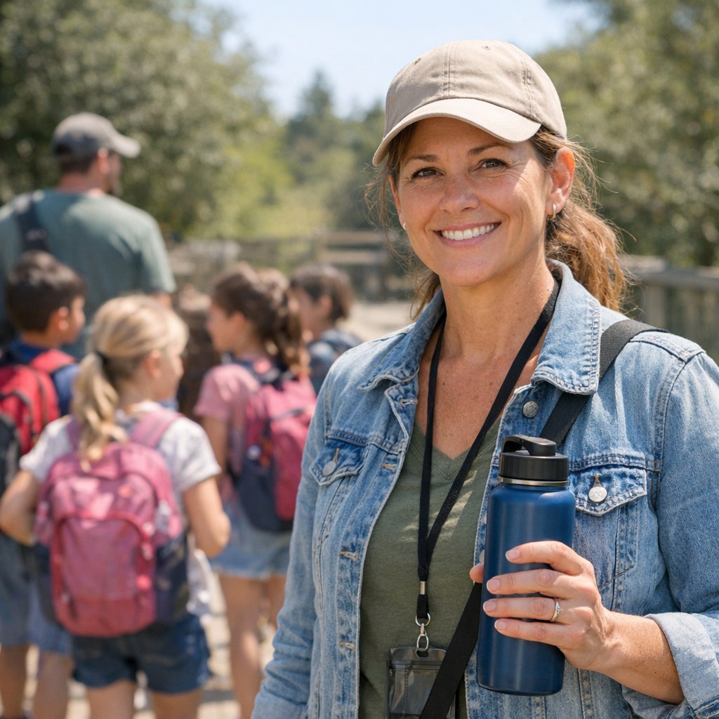 School field trip chaperone with a water bottle and a group of kids in the background