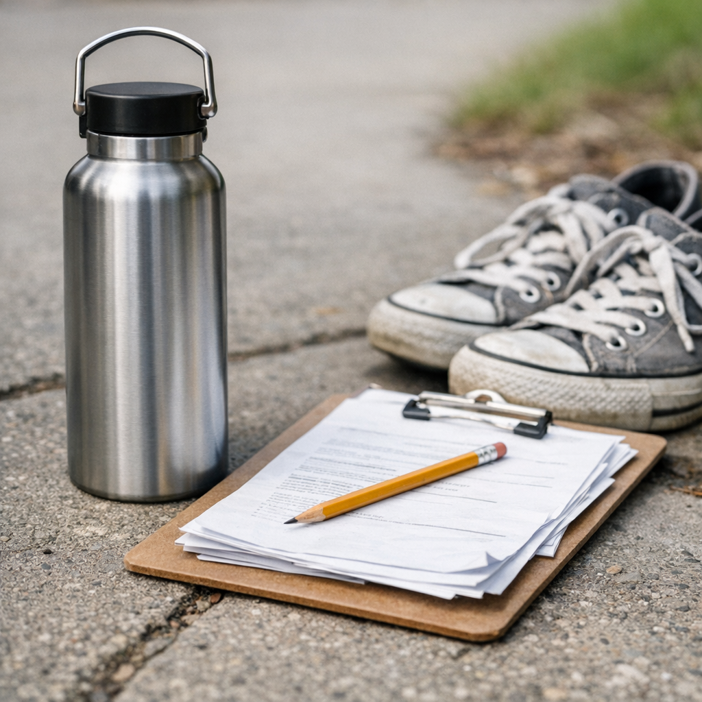 Reusable water bottle, field trip clipboard, and sneakers on a sidewalk