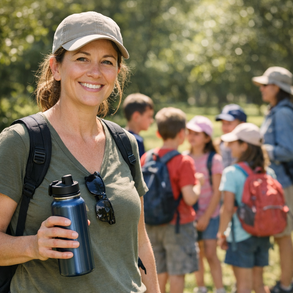 School field trip chaperone with a water bottle and a group of kids in the background