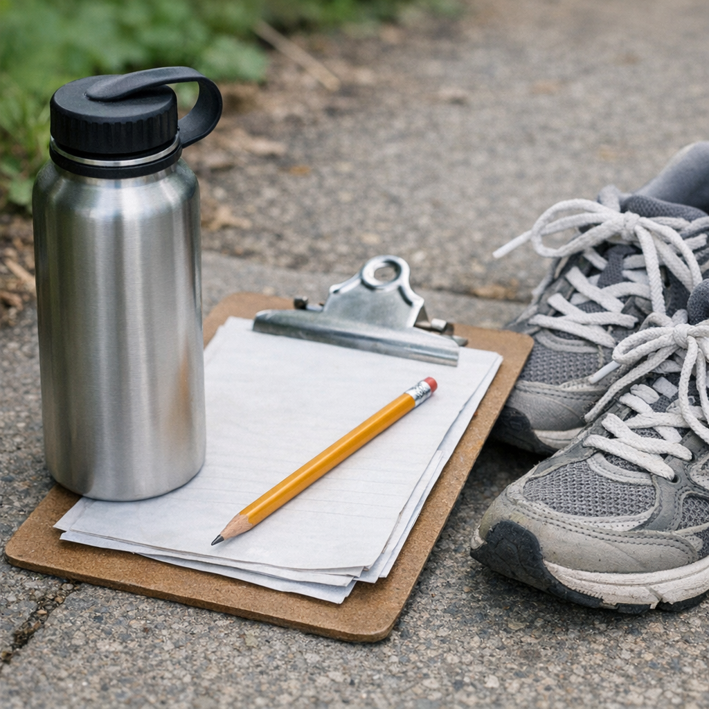 Reusable water bottle, field trip clipboard, and sneakers on a sidewalk