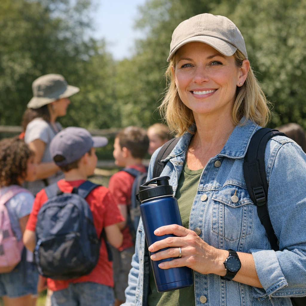 School field trip chaperone with a water bottle and a group of kids in the background