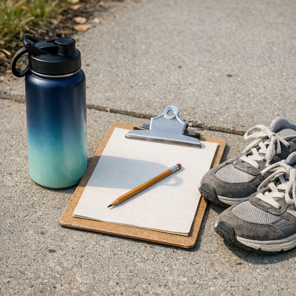 Reusable water bottle, field trip clipboard, and sneakers on a sidewalk