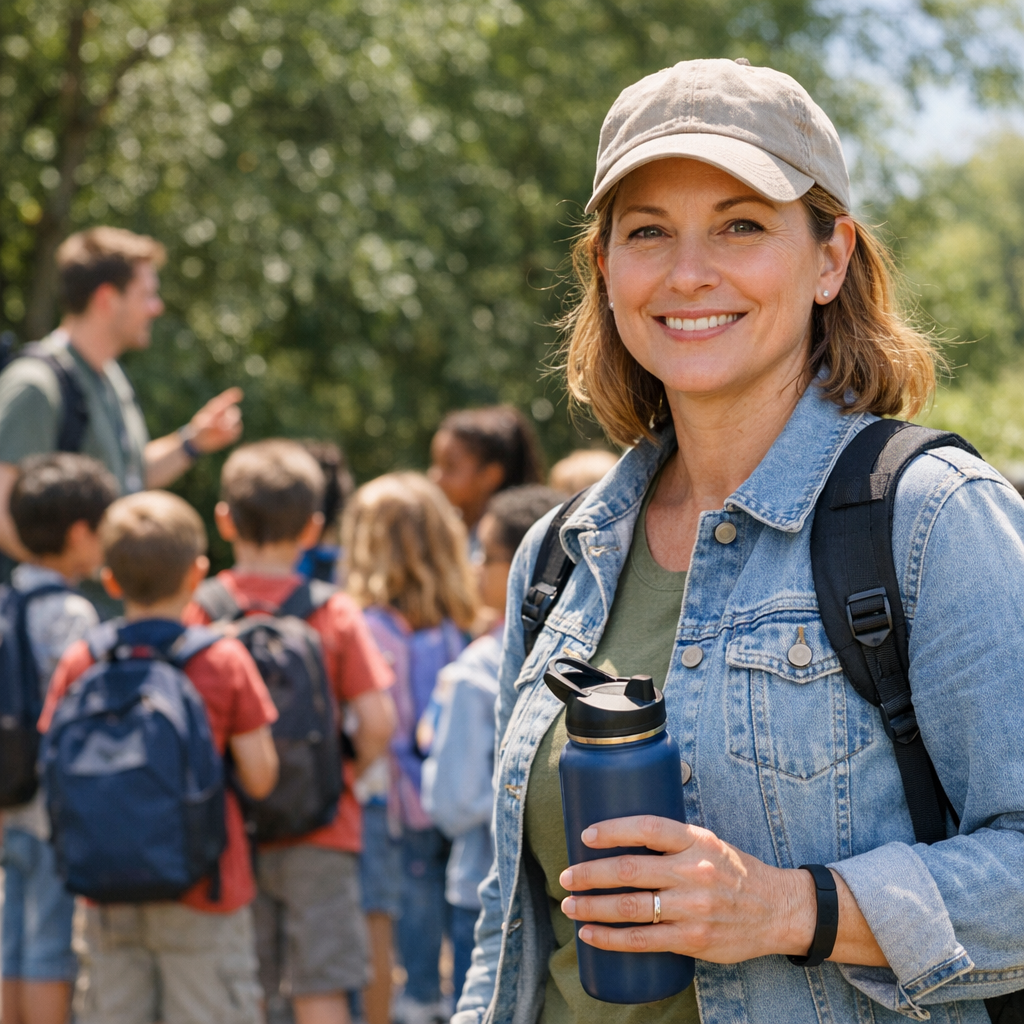 School field trip chaperone with a water bottle and a group of kids in the background