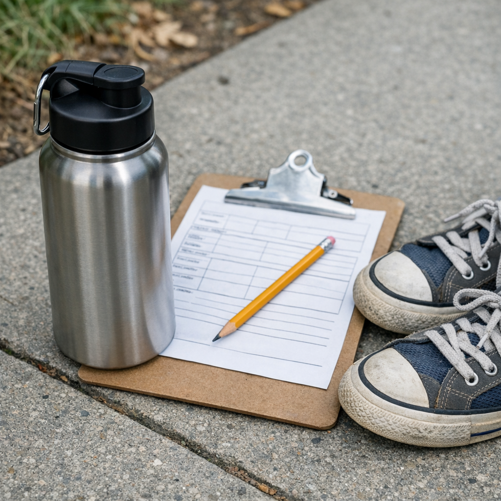Reusable water bottle, field trip clipboard, and sneakers on a sidewalk