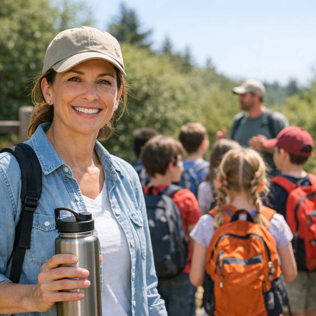 School field trip chaperone with a water bottle and a group of kids in the background