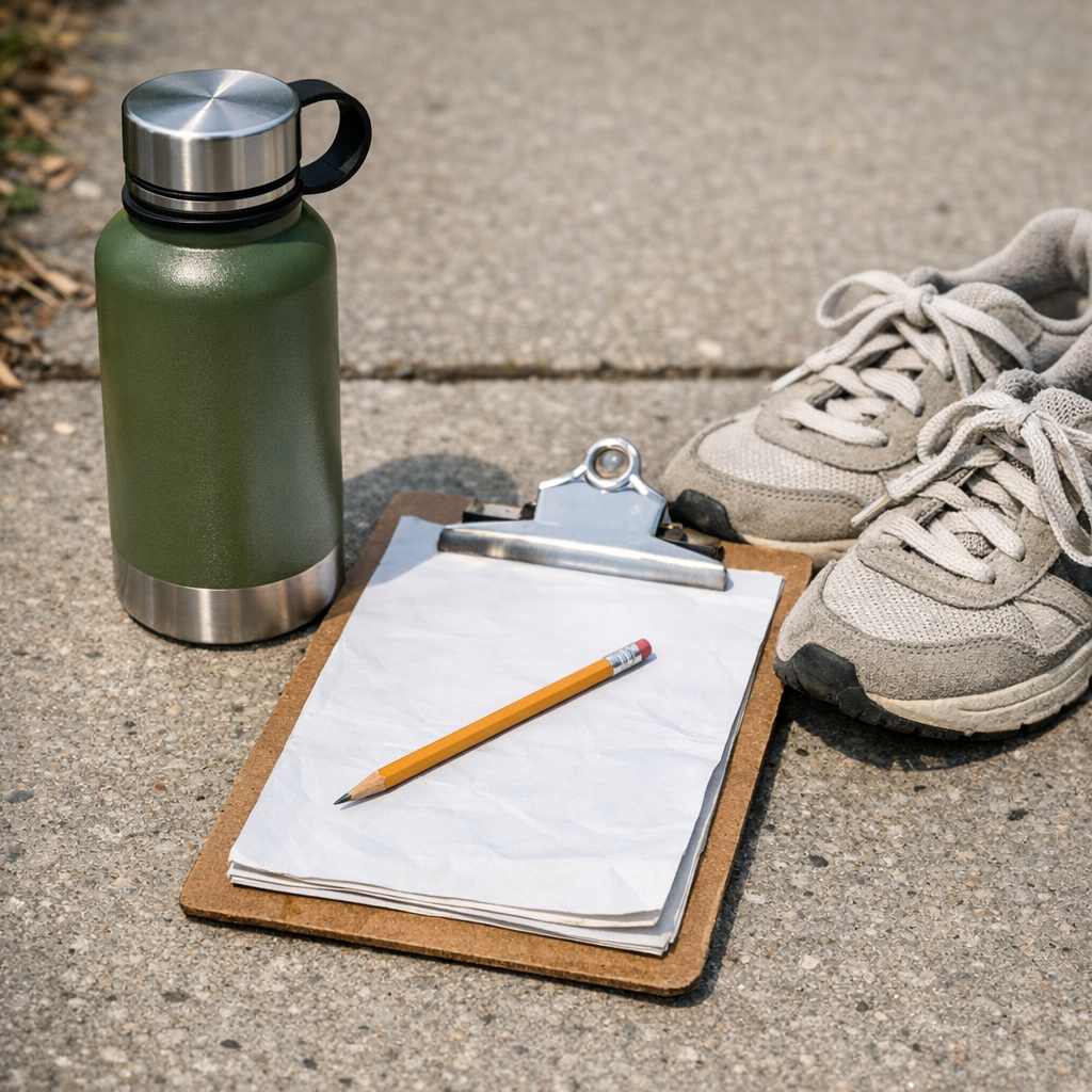 Reusable water bottle, field trip clipboard, and sneakers on a sidewalk