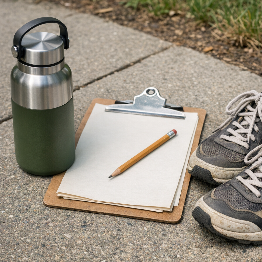 Reusable water bottle, field trip clipboard, and sneakers on a sidewalk