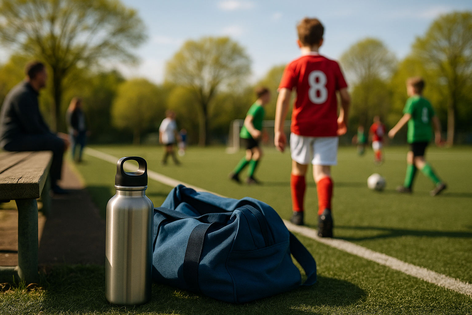 Reusable water bottle and sports gear beside a bench at a spring soccer field