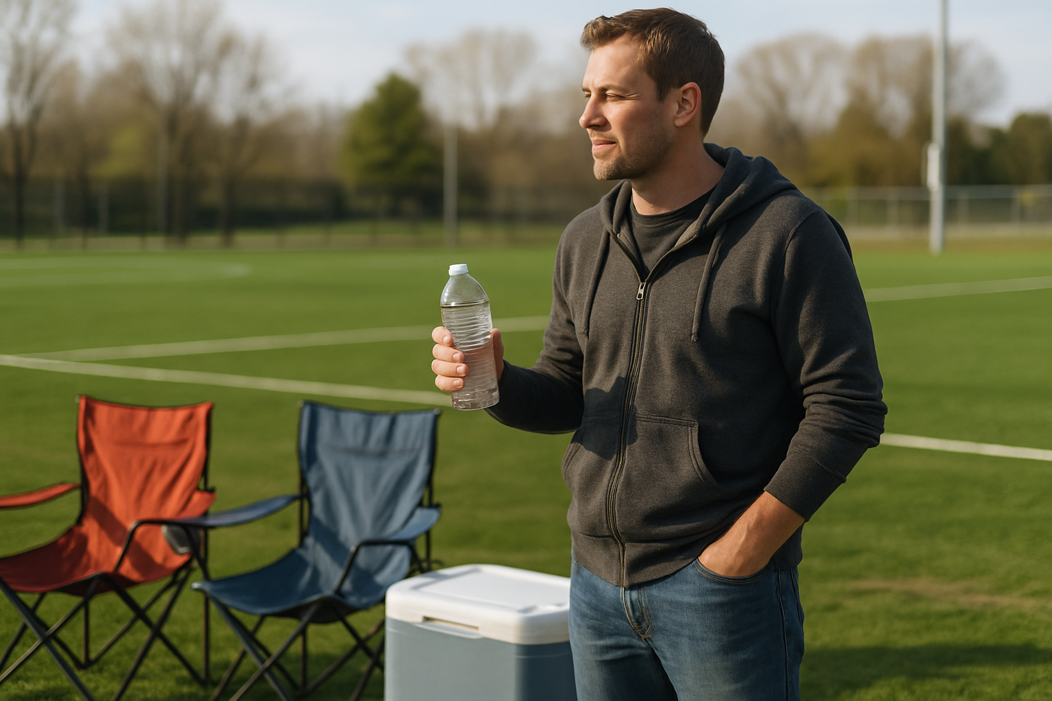 Parent holding a water bottle near folding chairs and a cooler at an outdoor spring sports field