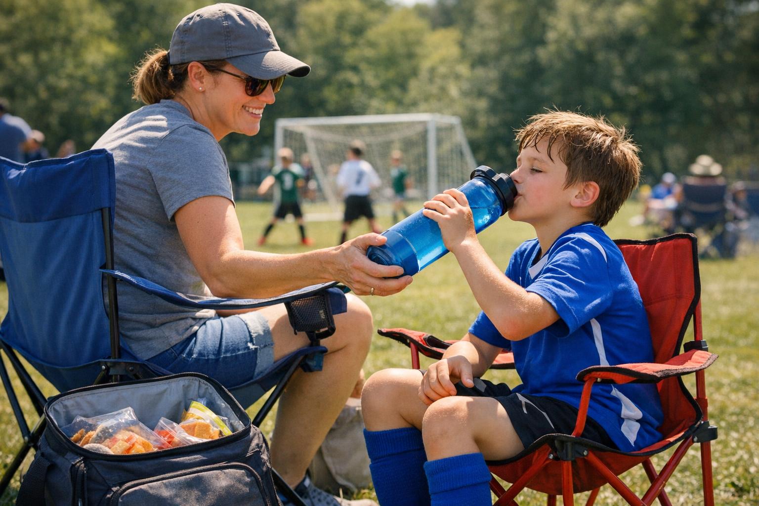 A parent and child at a youth soccer tournament sideline on a sunny Saturday, with a reusable water bottle and folding chairs nearby