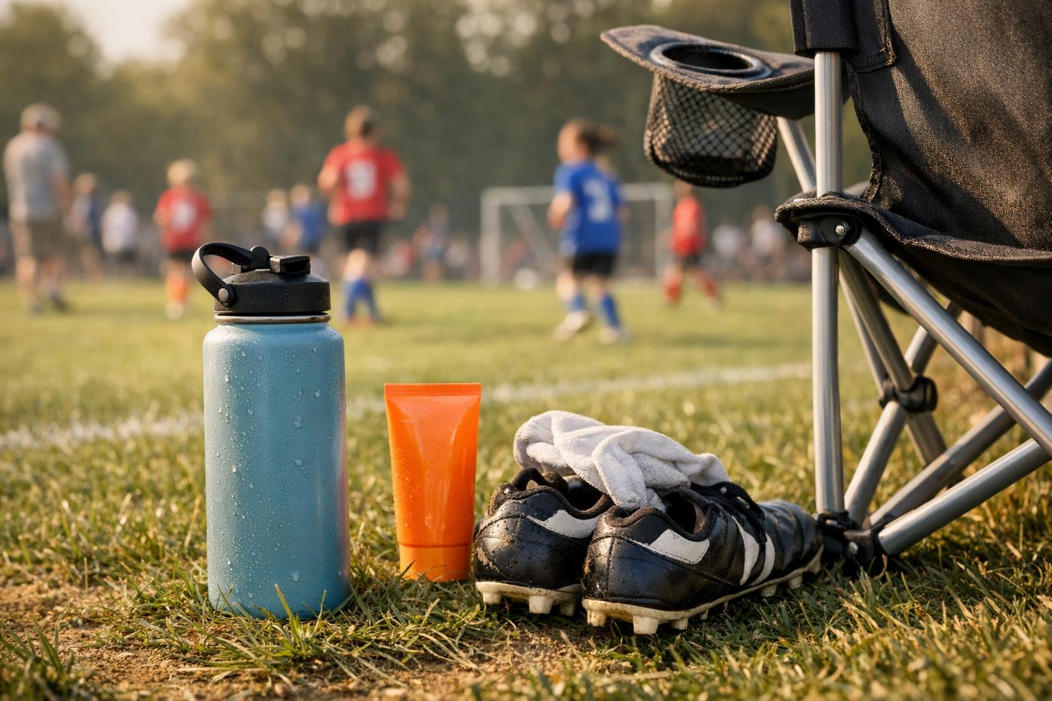 Reusable water bottle, sunscreen, soccer cleats, and a folding chair beside a youth soccer field during a warm afternoon tournament