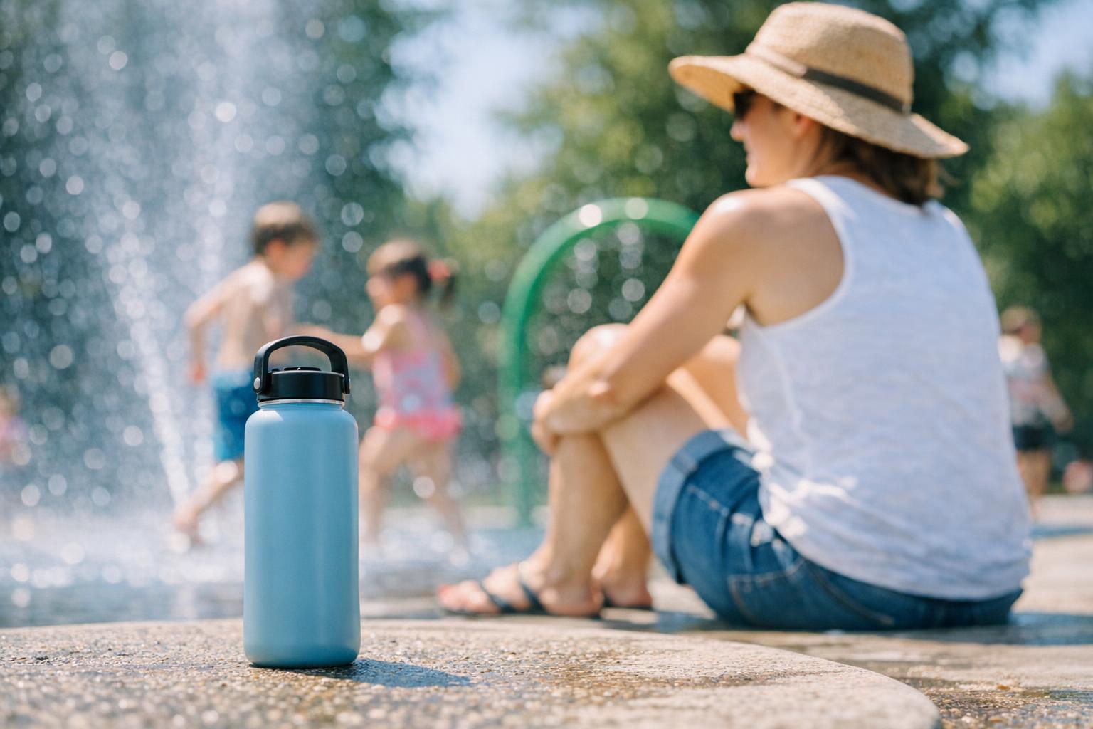 Parent with a reusable water bottle near a splash pad on a bright summer afternoon