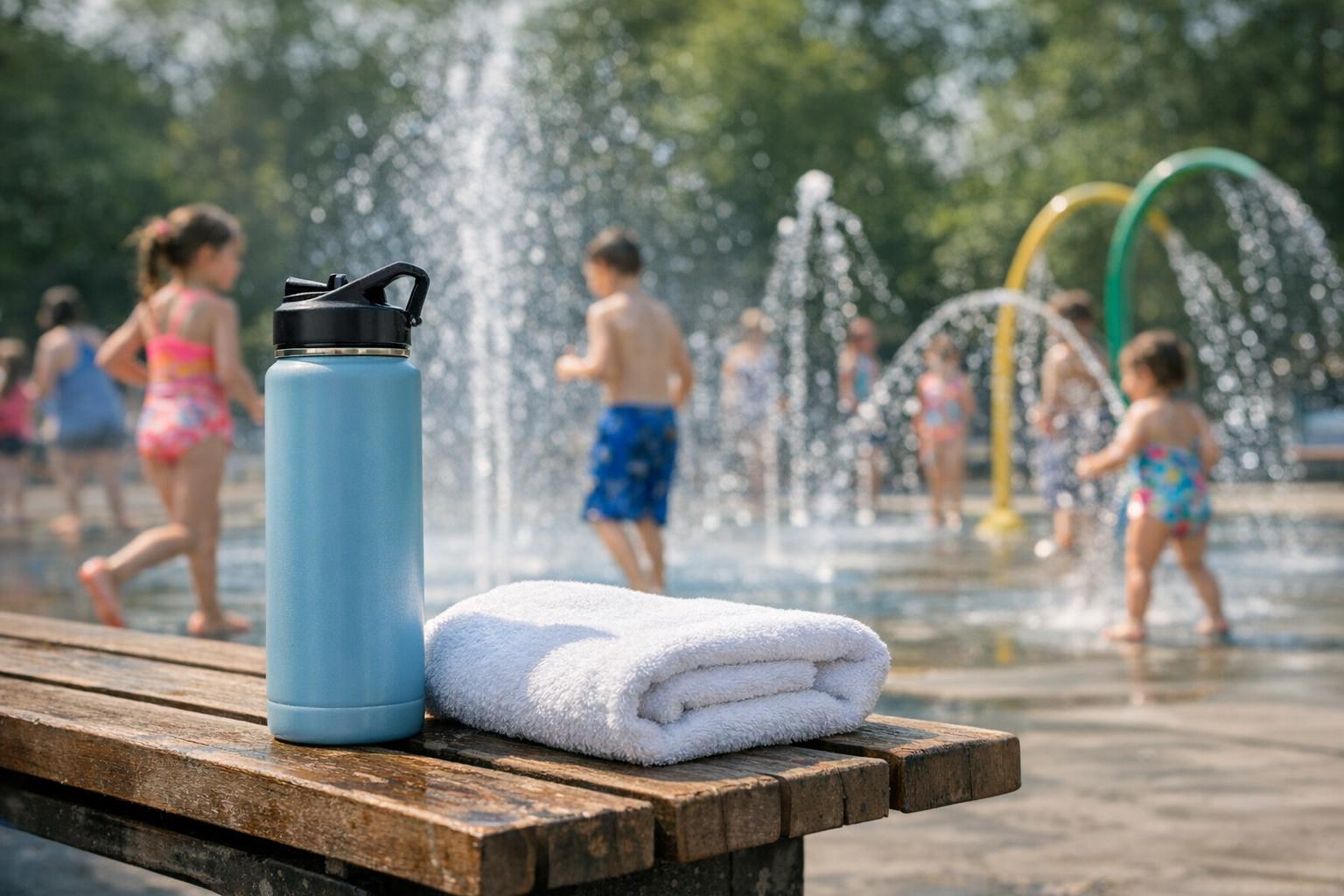 Reusable water bottle and towel on a bench beside a splash pad while children play in the background