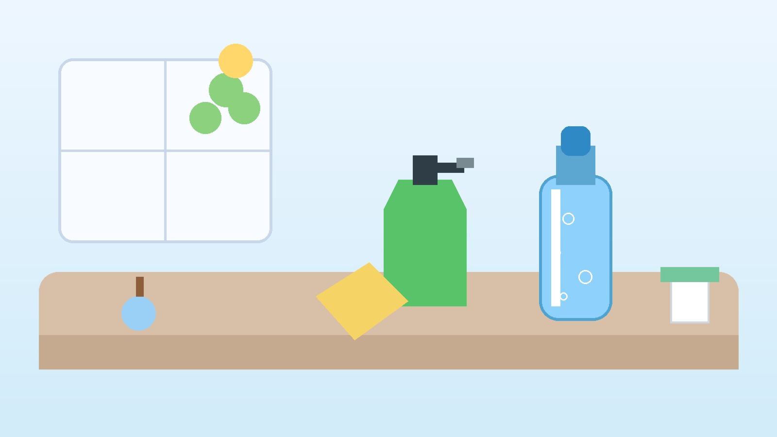 Water bottle and cleaning supplies on a counter during spring cleaning