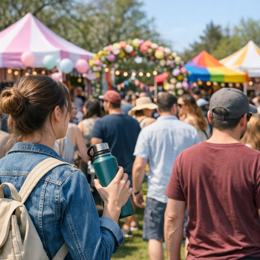 Spring festival crowd with a reusable water bottle and colorful booths in the background