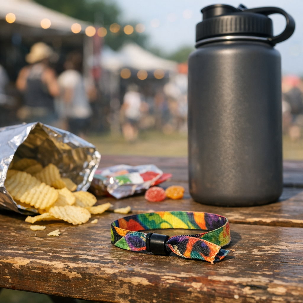 Festival wristband, snacks, and a reusable water bottle on a picnic table