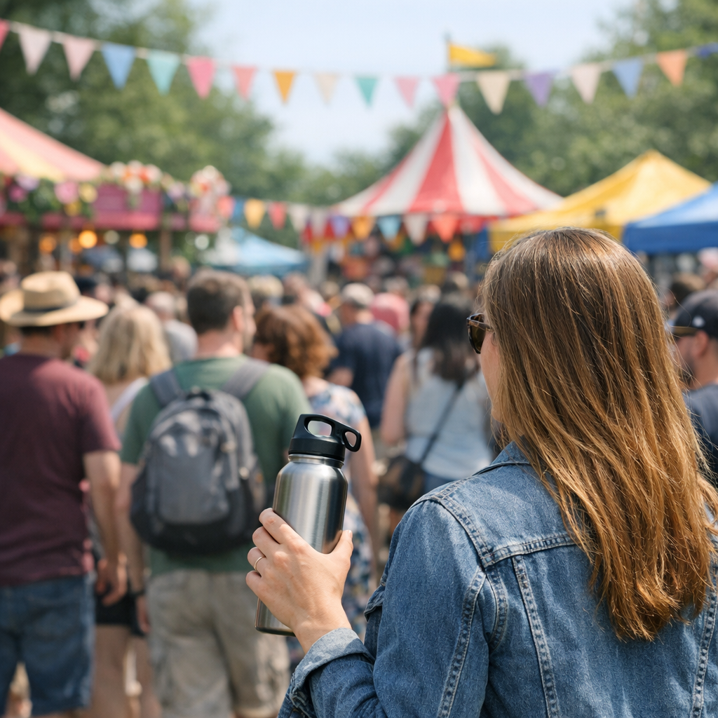 Spring festival crowd with a reusable water bottle and colorful booths in the background