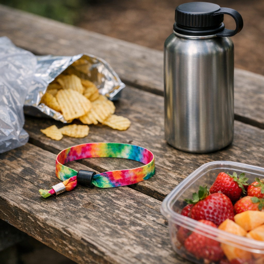 Festival wristband, snacks, and a reusable water bottle on a picnic table