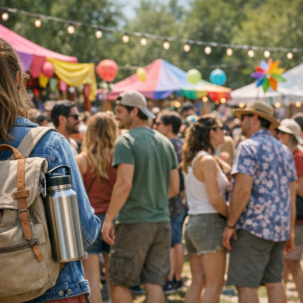 Spring festival crowd with a reusable water bottle and colorful booths in the background