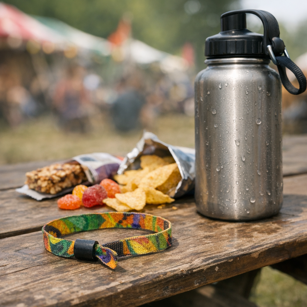 Festival wristband, snacks, and a reusable water bottle on a picnic table