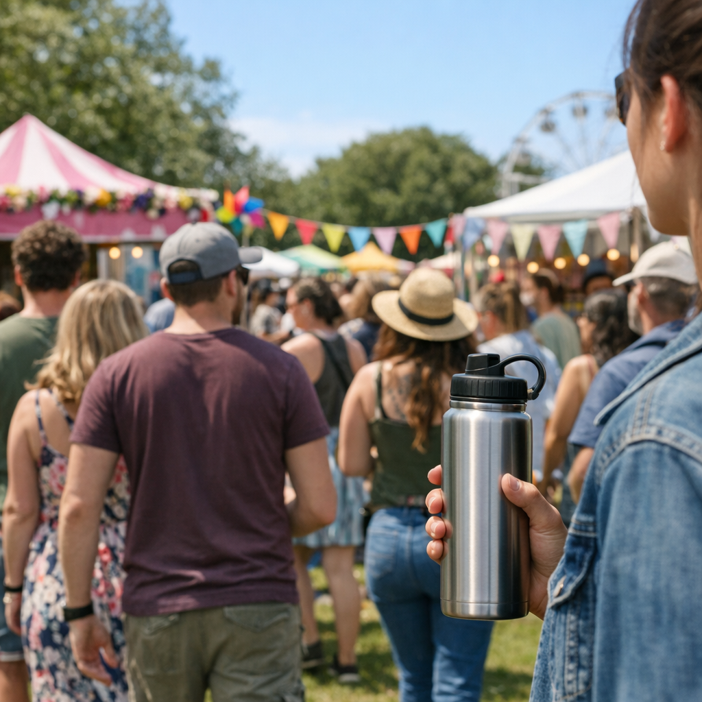 Spring festival crowd with a reusable water bottle and colorful booths in the background