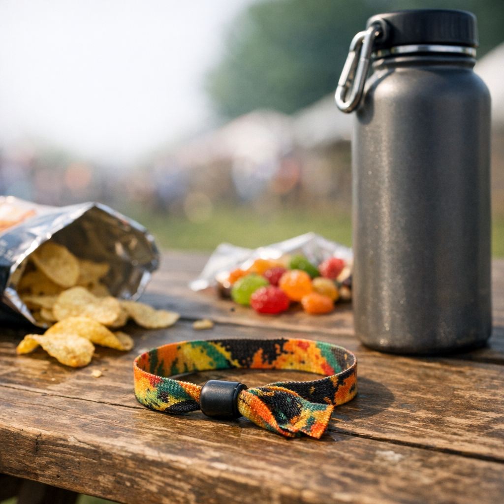 Festival wristband, snacks, and a reusable water bottle on a picnic table