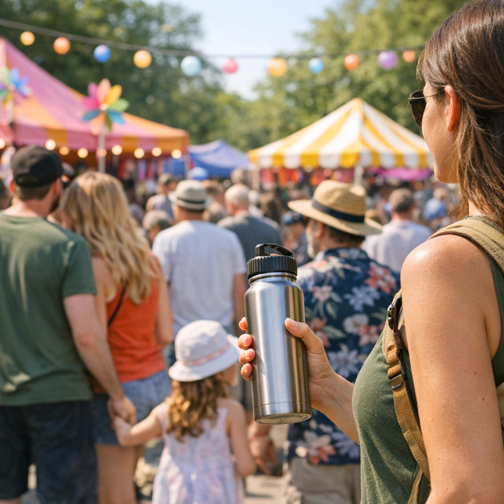 Spring festival crowd with a reusable water bottle and colorful booths in the background