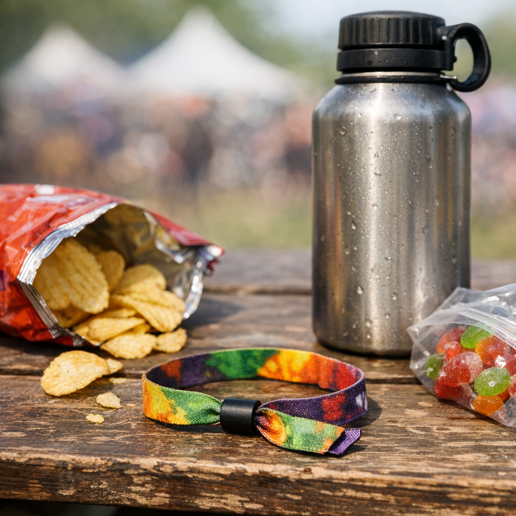 Festival wristband, snacks, and a reusable water bottle on a picnic table
