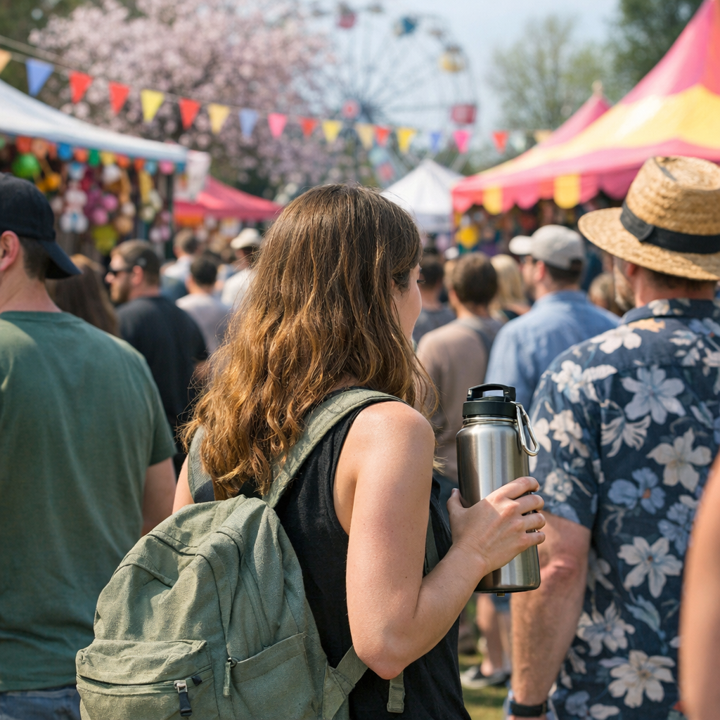 Spring festival crowd with a reusable water bottle and colorful booths in the background