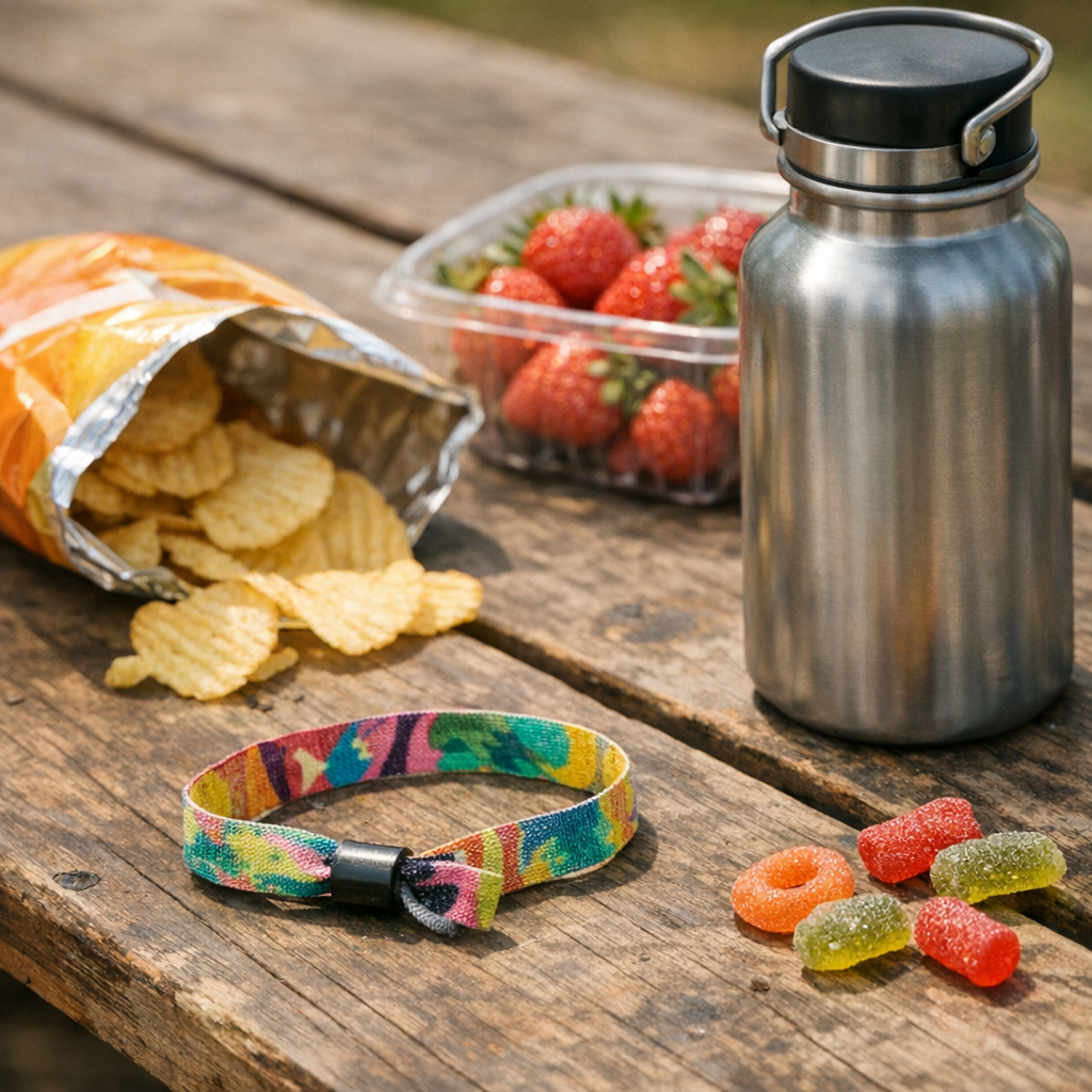Festival wristband, snacks, and a reusable water bottle on a picnic table