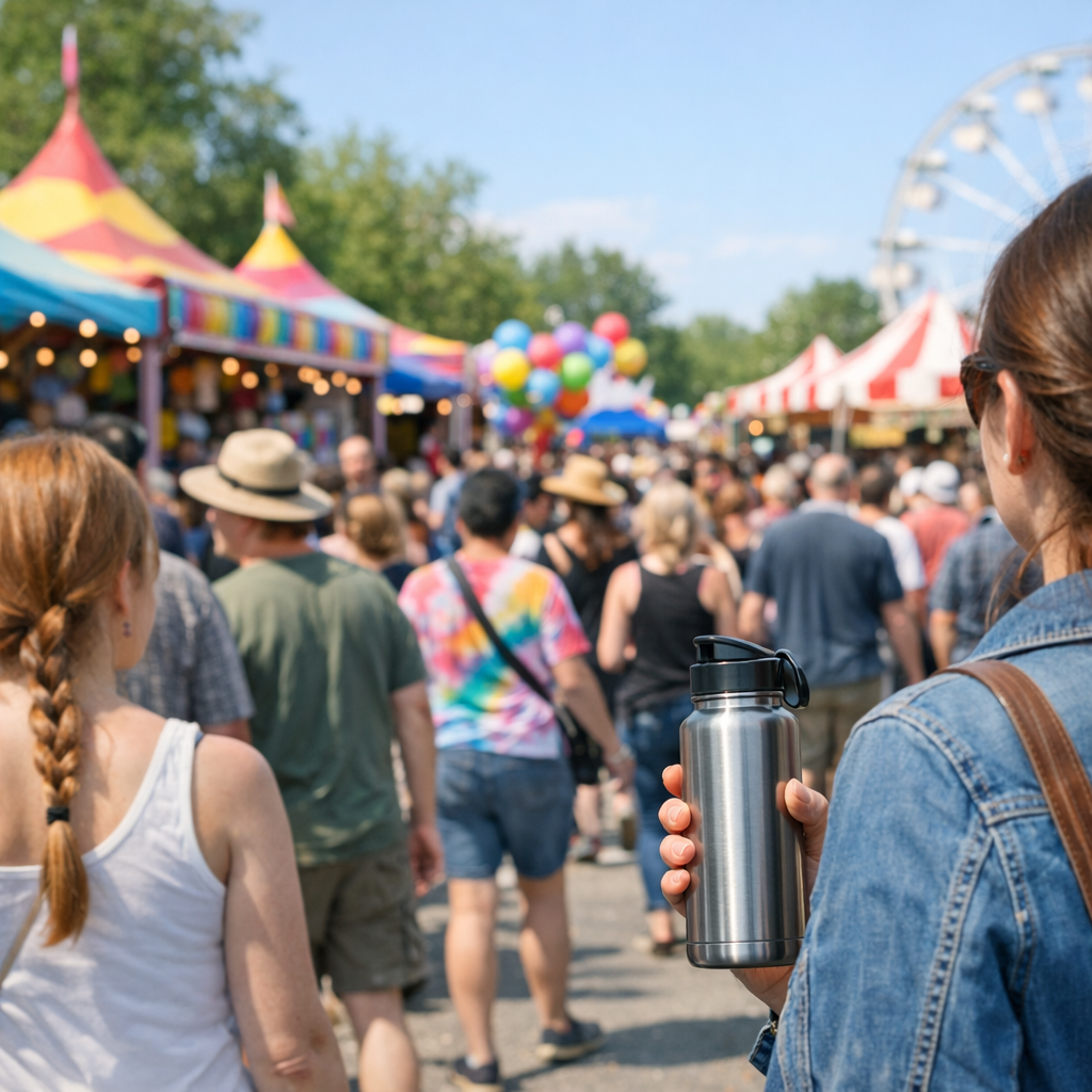 Spring festival crowd with a reusable water bottle and colorful booths in the background
