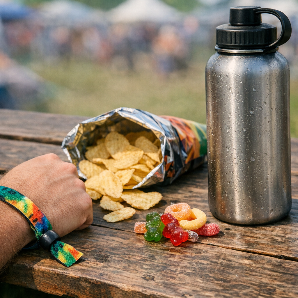 Festival wristband, snacks, and a reusable water bottle on a picnic table