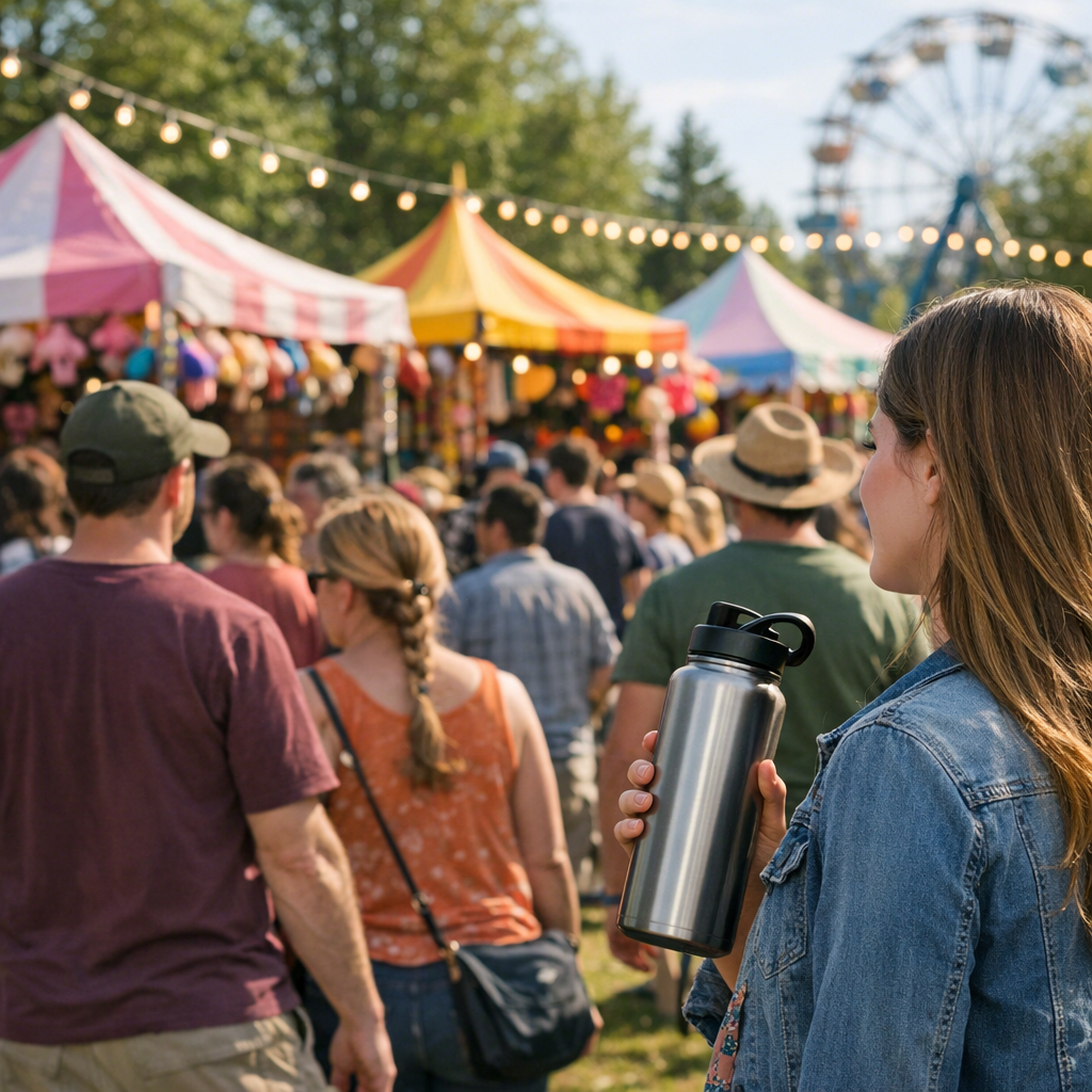 Spring festival crowd with a reusable water bottle and colorful booths in the background