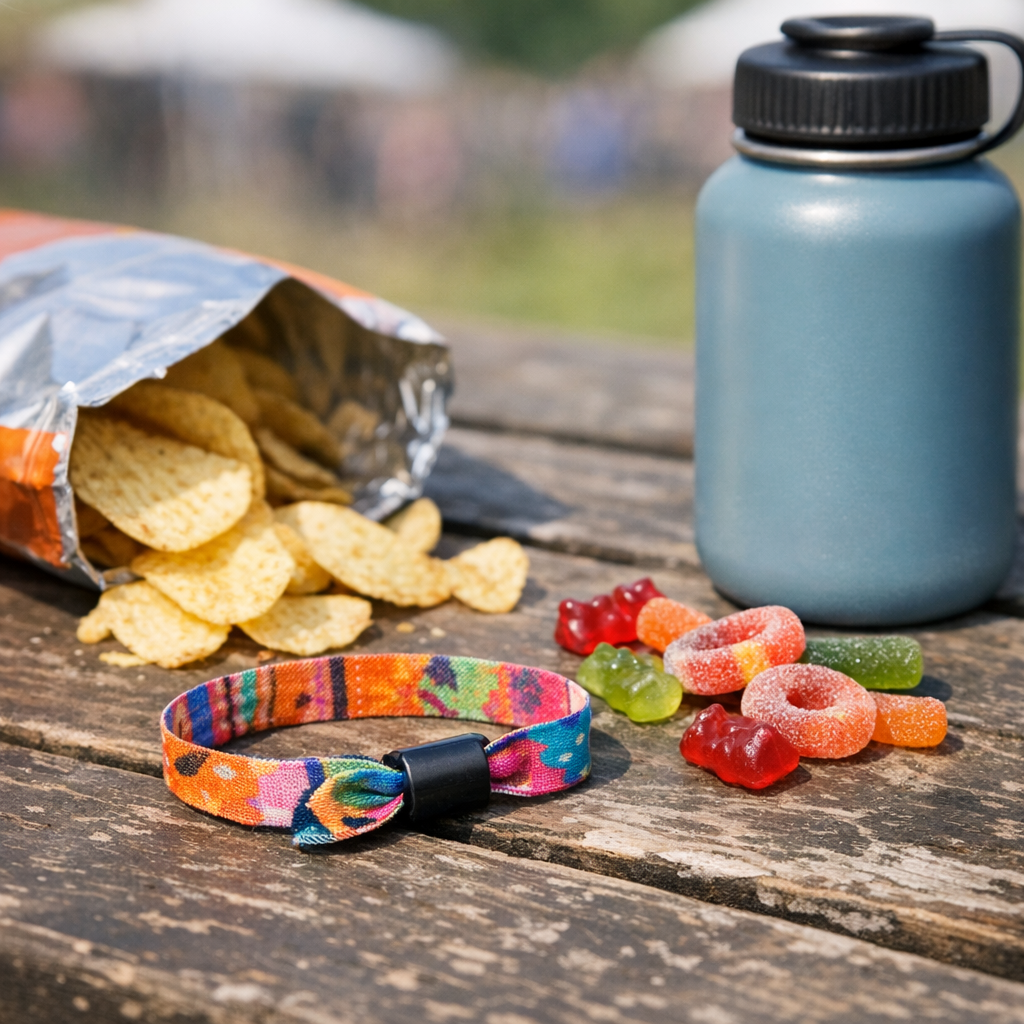 Festival wristband, snacks, and a reusable water bottle on a picnic table