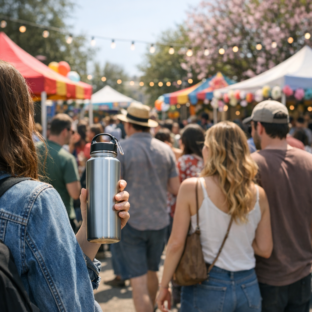 Spring festival crowd with a reusable water bottle and colorful booths in the background