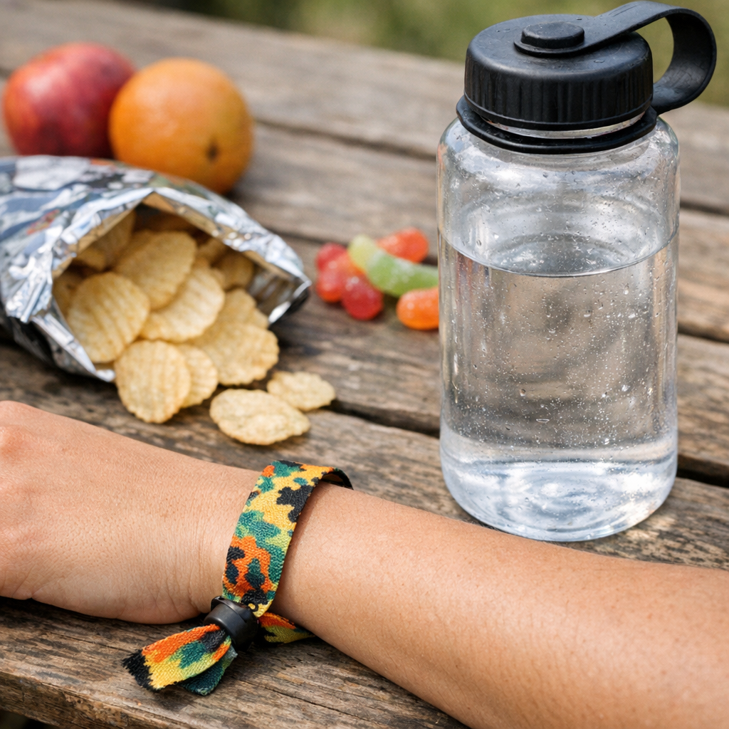 Festival wristband, snacks, and a reusable water bottle on a picnic table