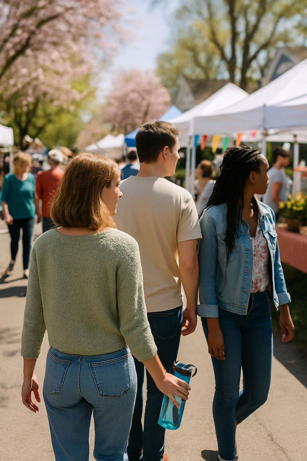 People walking through a sunny outdoor spring festival while one person carries a reusable water bottle