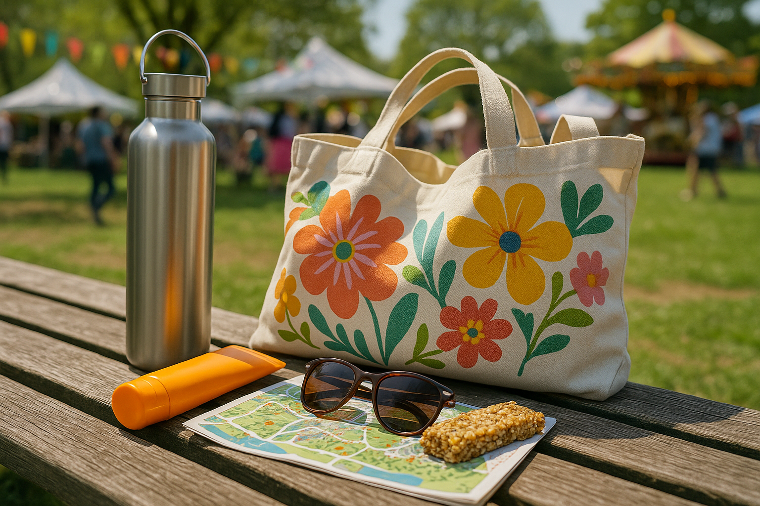 Festival essentials on a bench including a reusable water bottle, tote bag, sunglasses, sunscreen, map, and snack