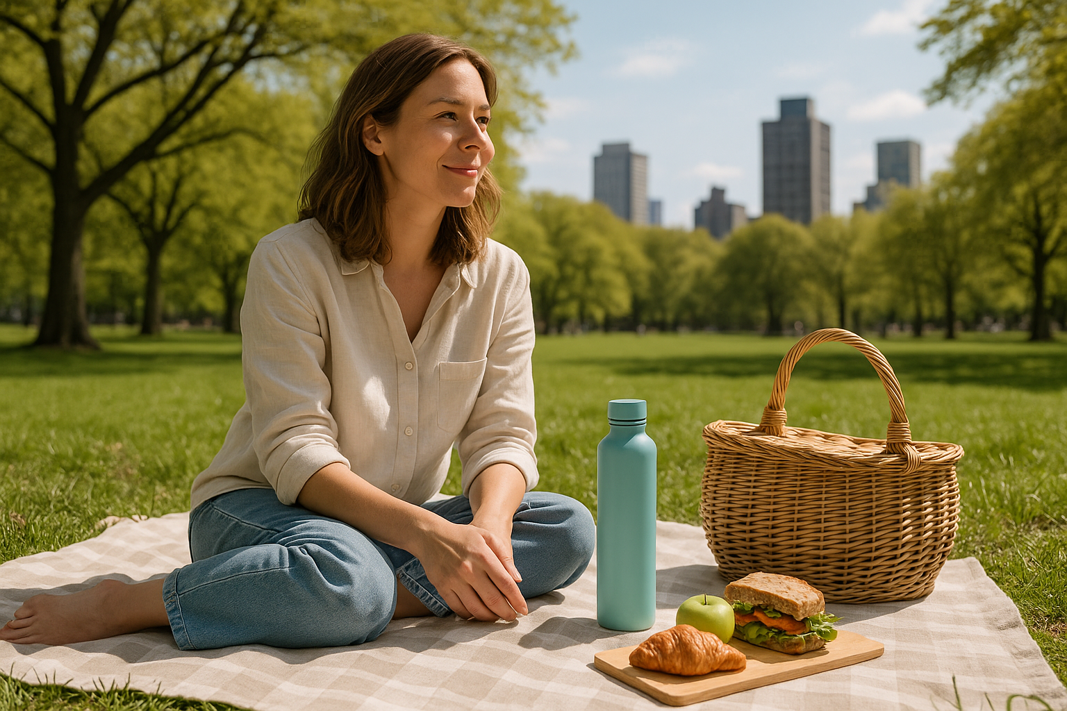 Woman enjoying a spring picnic in the park with a reusable water bottle nearby