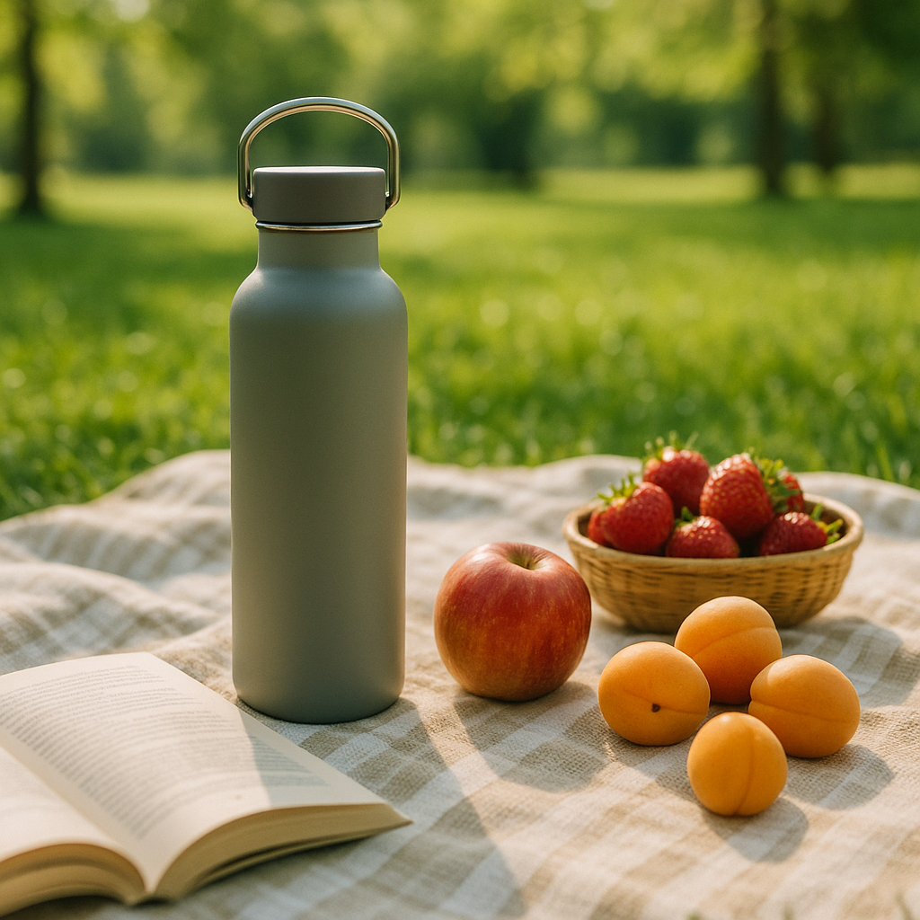Reusable water bottle resting on a picnic blanket with fruit and a book in a sunny park