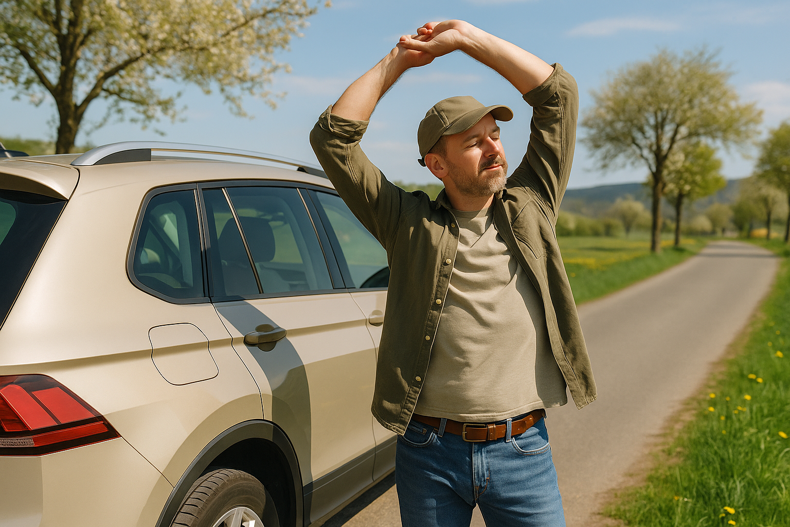 Traveler taking a stretch break beside a parked car while holding a reusable water bottle on a sunny spring road trip