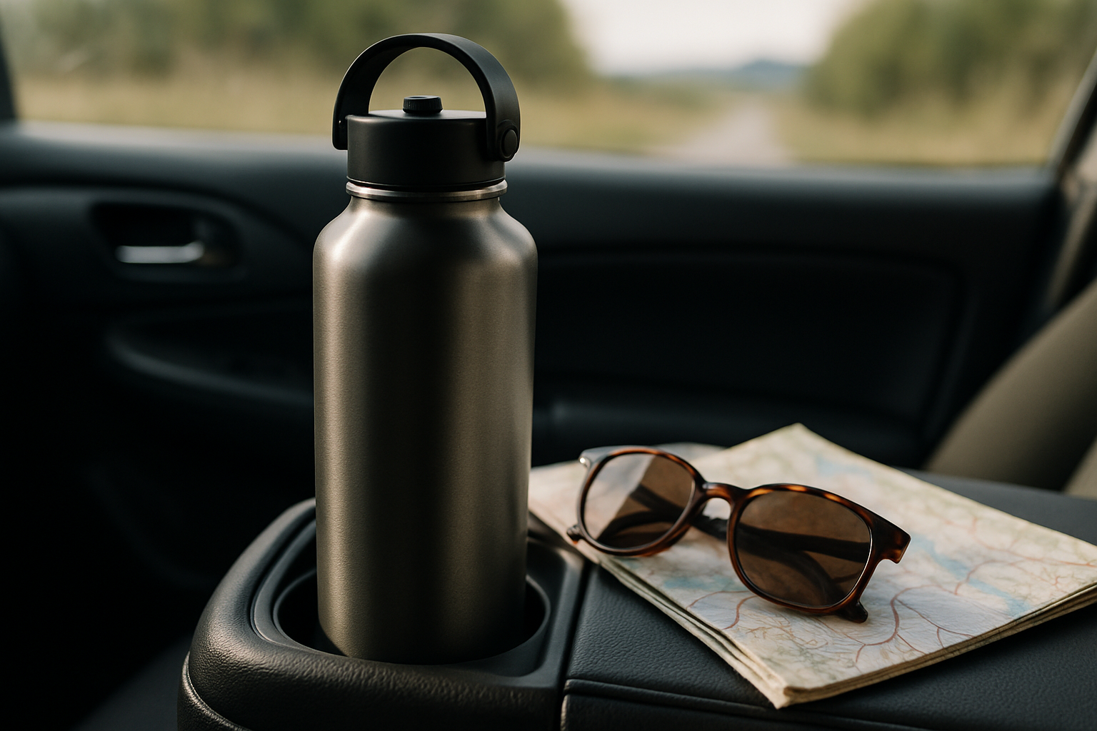 Reusable water bottle in a car cup holder next to sunglasses and a folded map during a road trip