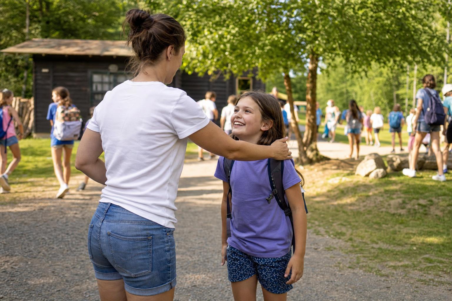 Parent holding a reusable water bottle and a camp bag beside a cheerful child at a summer camp drop-off curb in the morning