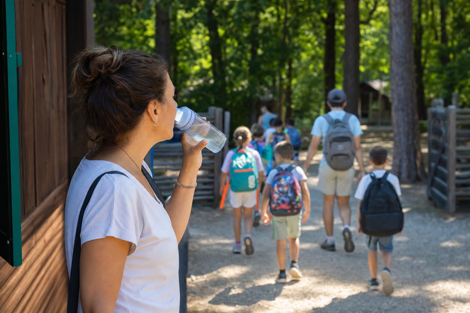Parent taking a quick sip of water outside a summer camp entrance while children walk inside on a bright morning