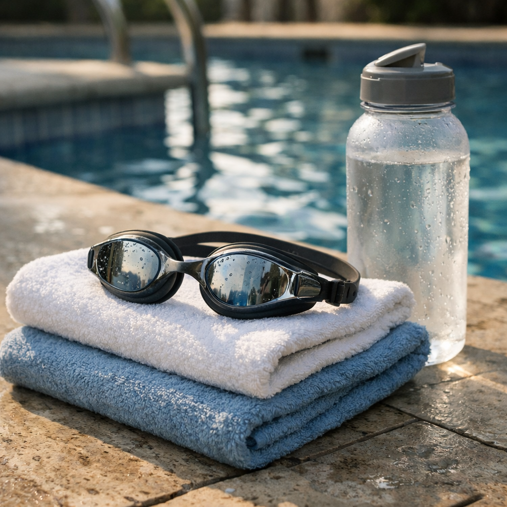 Swim goggles, towels, and a water bottle by a pool edge